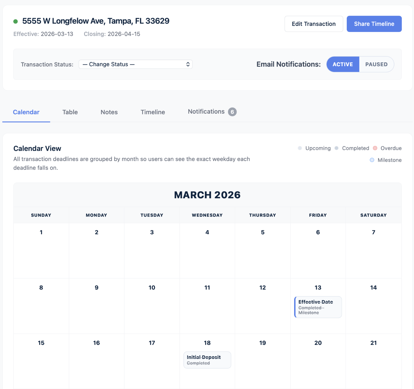 Deadline Monitor transaction calendar view showing upcoming contract deadlines by date