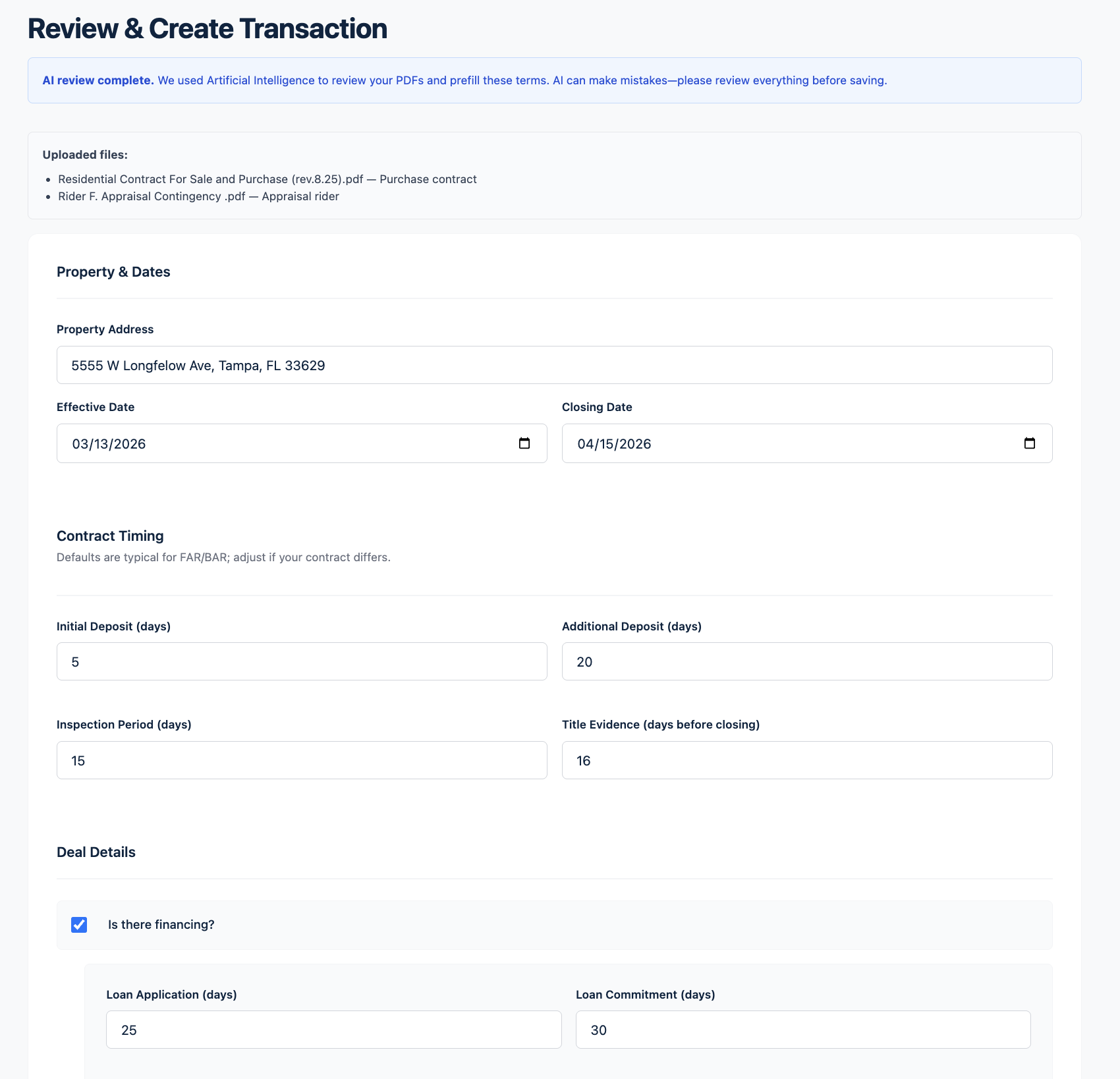 Deadline Monitor review screen for confirming extracted transaction details before creation