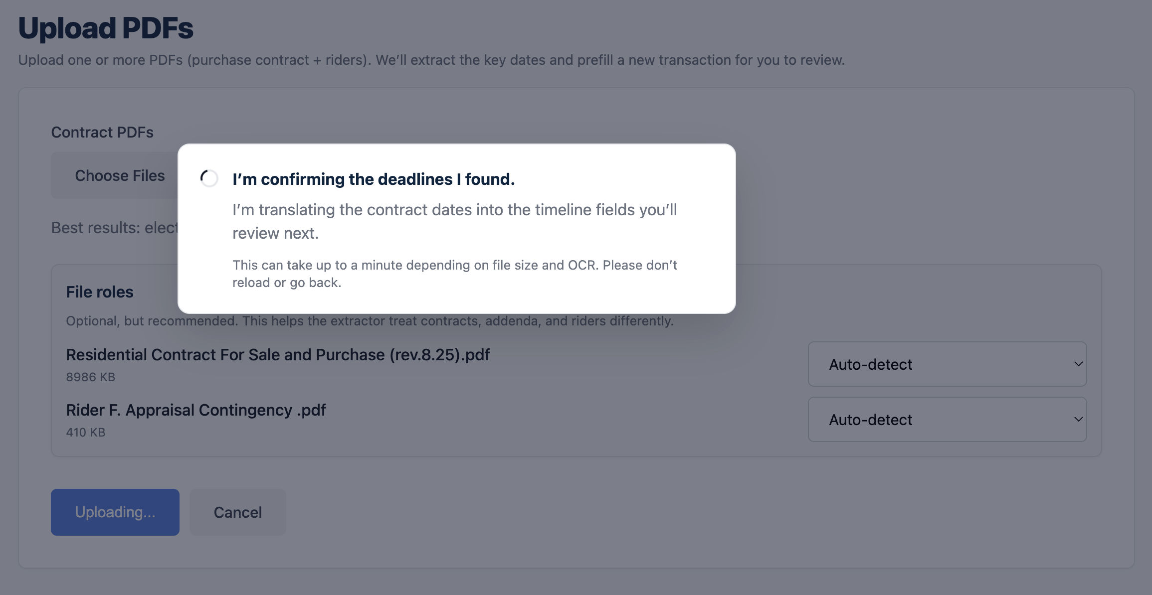 Deadline Monitor contract PDF upload screen with extraction in progress