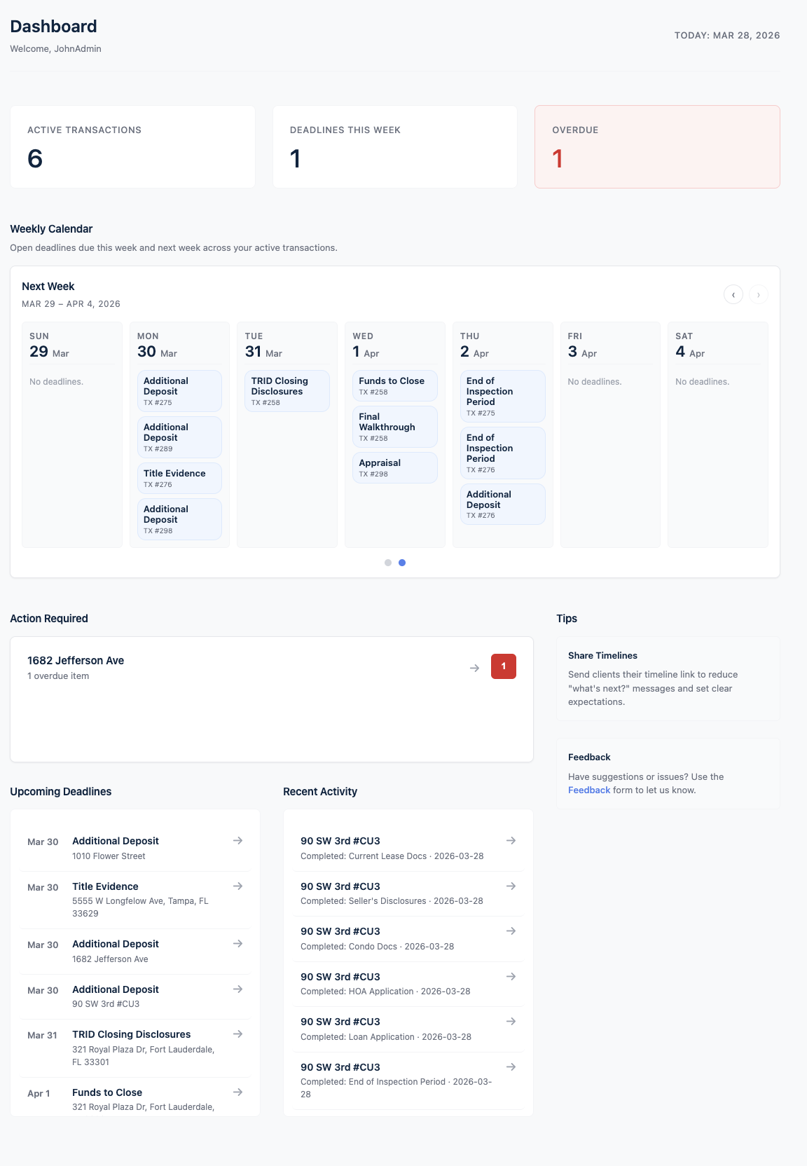 Deadline Monitor dashboard showing upcoming transaction deadlines and activity cards
