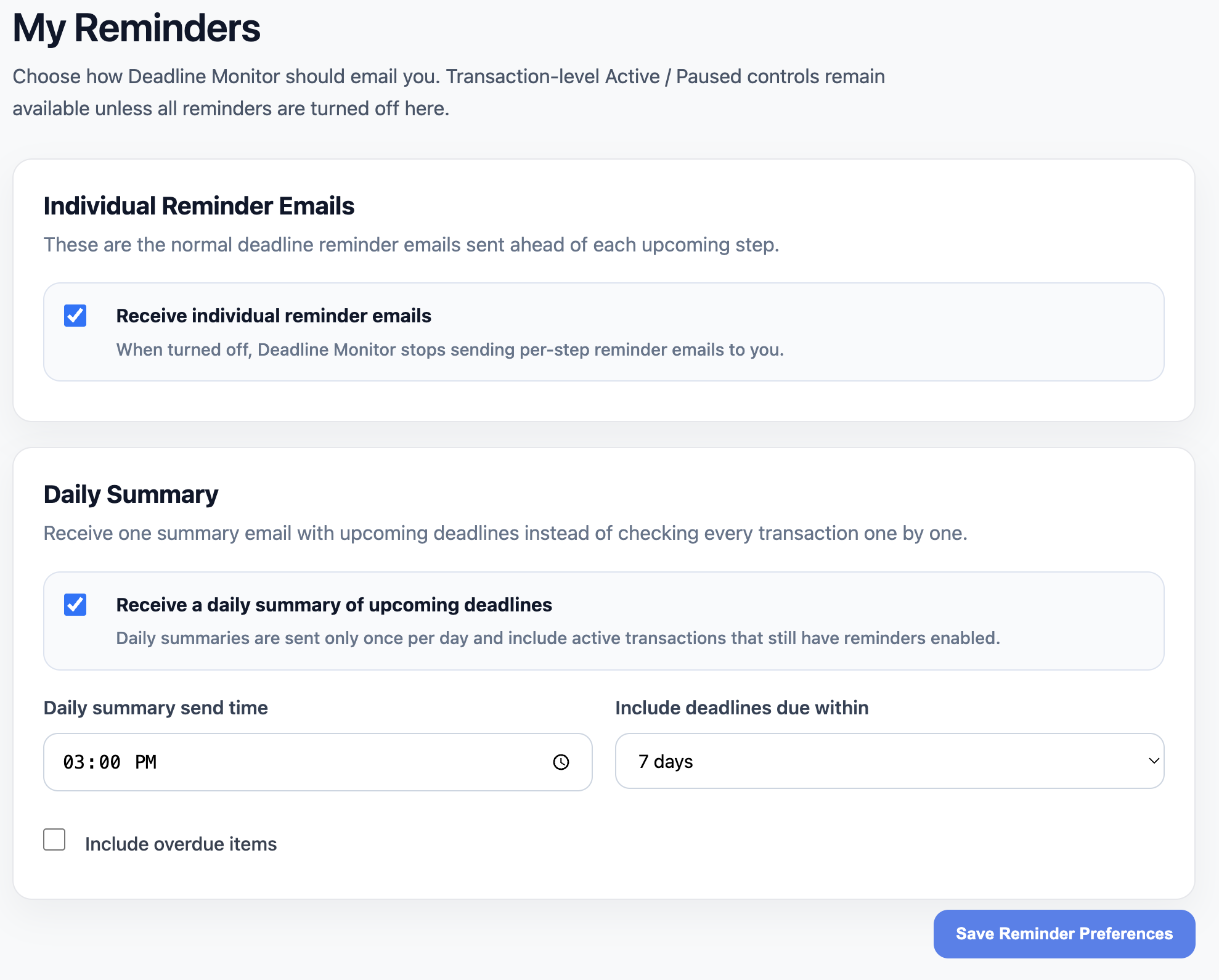 Deadline Monitor reminder settings panel for individual emails and daily summaries